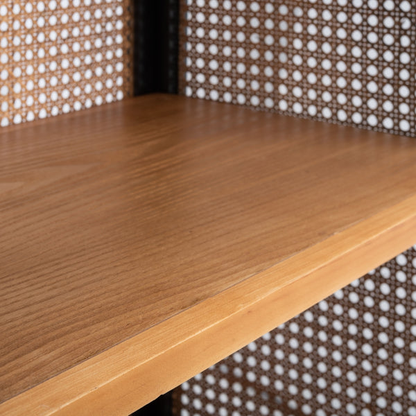 Franz 3-Shelf Cane Back Etagere - Modern Coastal Chic Storage with Black Wood and Natural Accents