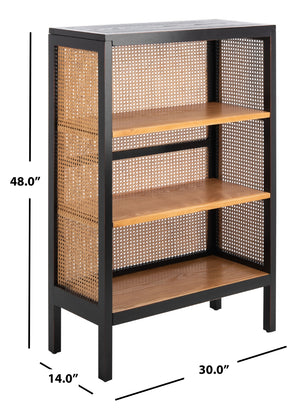 Franz 3-Shelf Cane Back Etagere - Modern Coastal Chic Storage with Black Wood and Natural Accents