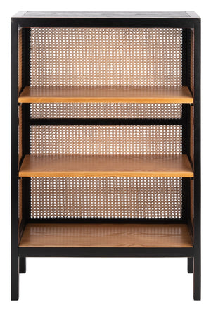 Franz 3-Shelf Cane Back Etagere - Modern Coastal Chic Storage with Black Wood and Natural Accents