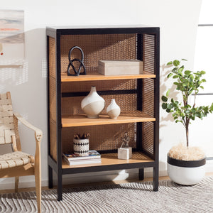 Franz 3-Shelf Cane Back Etagere - Modern Coastal Chic Storage with Black Wood and Natural Accents
