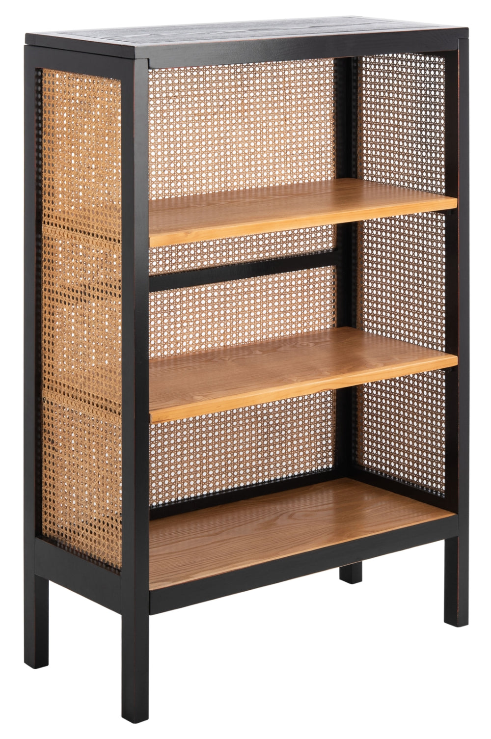 Franz 3-Shelf Cane Back Etagere - Modern Coastal Chic Storage with Black Wood and Natural Accents