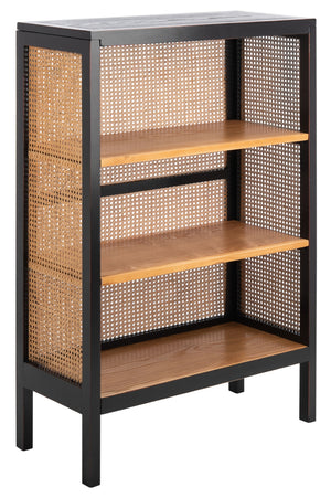 Franz 3-Shelf Cane Back Etagere - Modern Coastal Chic Storage with Black Wood and Natural Accents