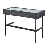 Emery Contemporary Console Table in Black Wood, Black Steel, and Glass Top by LumiSource