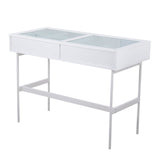 Emery Contemporary Console Table in White Wood, White Steel, and Glass Top by LumiSource