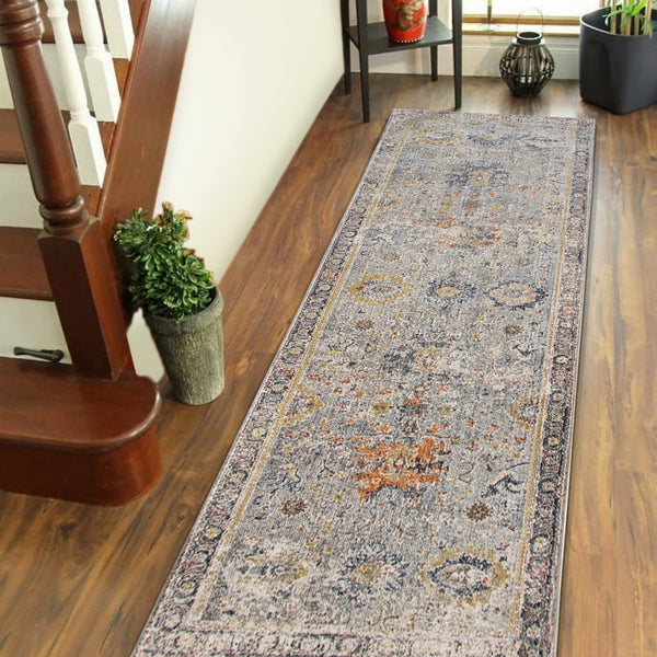 AMER Rugs Fairmont FAI-1 Power-Loomed Floral Transitional Area Rug Charcoal/Yellow 2'6" x 7'10"