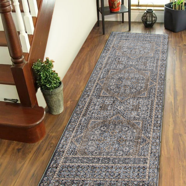 AMER Rugs Fairmont FAI-6 Power-Loomed Medallion Transitional Area Rug Charcoal 2'6" x 7'10"