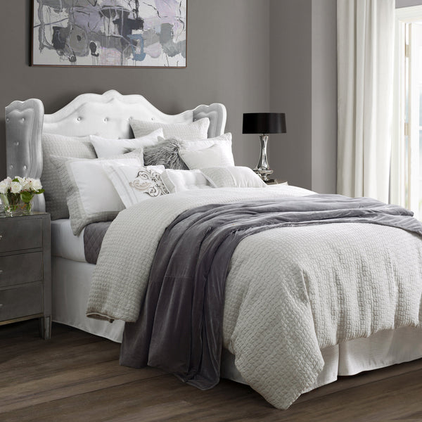HiEnd Accents Wilshire Comforter Set FB1615-SQ-OC Silver, Gray Comforter: Face: 30% Cotton, 70% Polyester. Back: 100% Cotton. Filling: 100% Polyester; Skirt: 100% Cotton. Decking: 100% Polyester; Pillow Sham: 100% Polyester 92x96x3