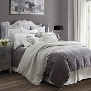 HiEnd Accents Wilshire Comforter Set FB1615-SQ-OC Silver, Gray Comforter: Face: 30% Cotton, 70% Polyester. Back: 100% Cotton. Filling: 100% Polyester; Skirt: 100% Cotton. Decking: 100% Polyester; Pillow Sham: 100% Polyester 92x96x3