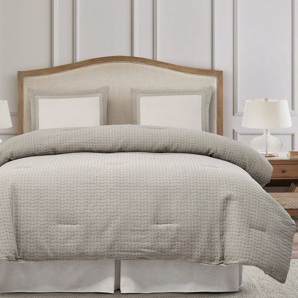 HiEnd Accents Wilshire Comforter Set FB1615-SQ-OC Silver, Gray Comforter: Face: 30% Cotton, 70% Polyester. Back: 100% Cotton. Filling: 100% Polyester; Skirt: 100% Cotton. Decking: 100% Polyester; Pillow Sham: 100% Polyester 92x96x3