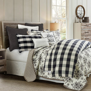 HiEnd Accents Camille Buffalo Check Comforter Set FB1778-FL-BK Black and Natural Comforter Face: 100% Cotton.  Back: 100% Cotton.  Filling: 100% Polyester.  Pillow Shams: 100% Cotton. 80x80x3