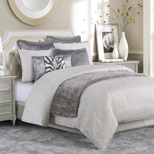 HiEnd Accents Celeste Comforter Set FB1823-SK-OC Gray, Silver Comforter Face: 100% Polyester,Back: 100% Cotton, Filling: 100% Polyester; BedSkirt: Skirt: 100% Polyester. Decking: 100% Polyester; King Sham: 100% Polyester(2pc). 110x96x2