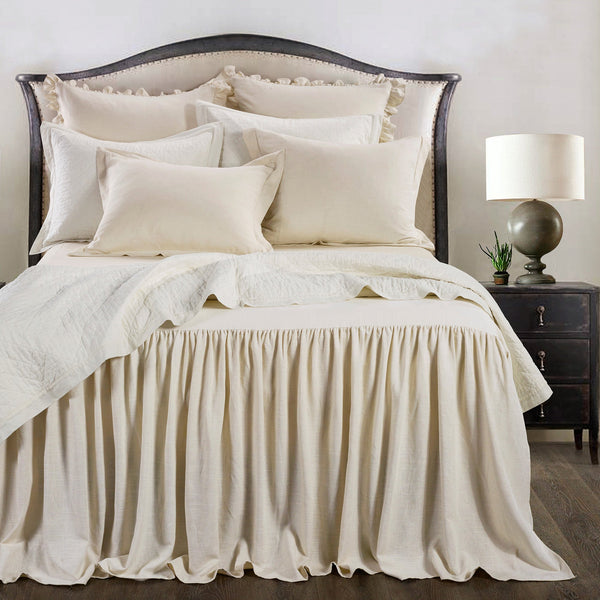 HiEnd Accents Luna Washed Linen Bedspread Set FB1827-SK-LT Light Tan Skirt - 70% viscose, 30% linen. Decking - Face: 70% viscose, 30% linen; Back: 100% polyester. 78x80x0.2