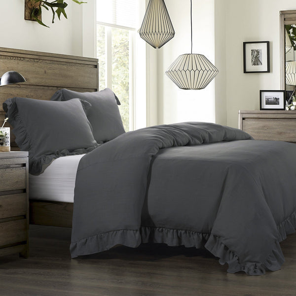 HiEnd Accents Lily Washed Linen Comforter Set FB1947-SQ-SL Slate Face: 70% viscose, 30% linen; Back: 100% cotton; Fill: 100% polyester 92.0 x 96.0 x 3.0