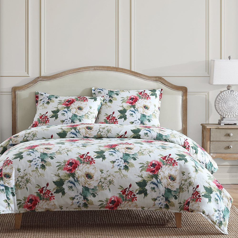 HiEnd Accents Peony Washed Linen Comforter Set FB2212-SK-BS Blossom Comforter - Face: 70% viscose, 30% linen; Back: 100% cotton; Fill: 100% polyester. Pillow Sham - Face and Back: 70% viscose, 30% linen. 110x96x2