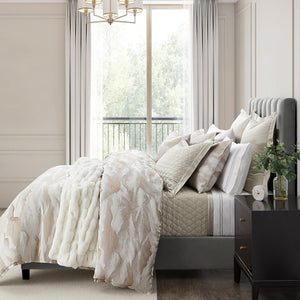 HiEnd Accents Serenity Modern Jacquard Comforter Set FB2232-SK-CN Champagne Comforter - Face: 67% viscose, 33% polyester; Back: 100% cotton; Fill: 100% polyester. Pillow Sham - Face and Back: 67% viscose, 33% polyester. 110 x 96 x 3