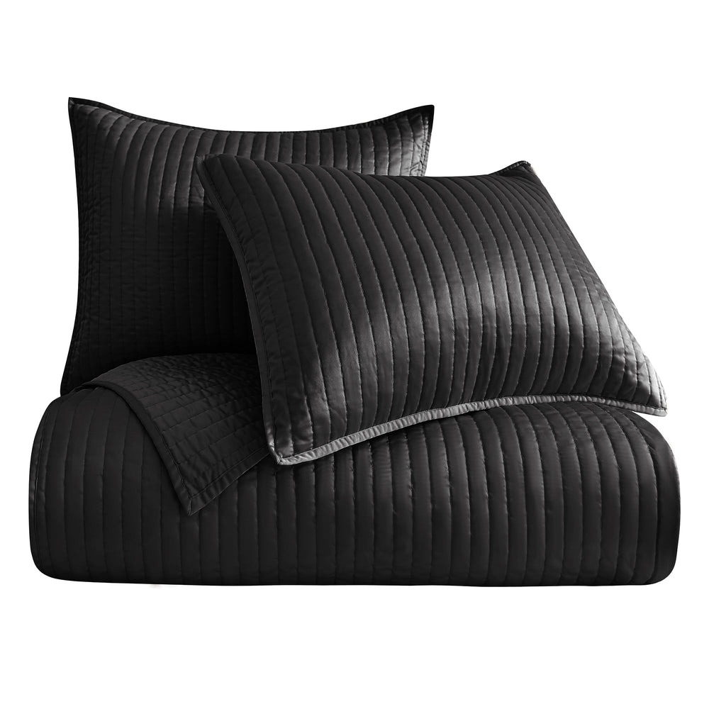 HiEnd Accents Satin Channel Quilt Set FB3500-FQ-BK Black Face and Back: 100% polyester; Fill: 100% polyester 92 x 96 x 0.5