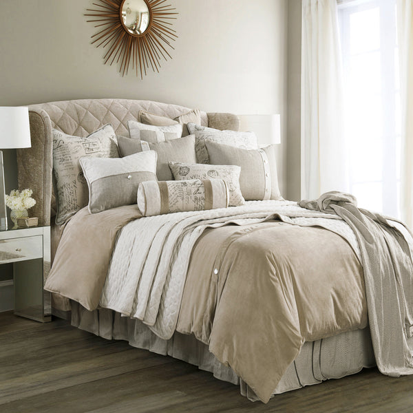 HiEnd Accents Fairfield Linen Coverlet Set FB3900-TW-SN Cream, Tan Coverlet: Face: 65% Polyester, 35% Linen. Back: 35% Cotton, 65% Polyester. Filling: 100% Polyester; BedSkirt: Skirt: 100% Polyester, Decking:100% Polyester; Standard Sham: 95% Polyester,5% Linen(1pc) 68x88x3