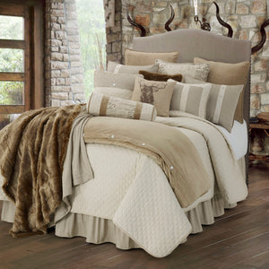 HiEnd Accents Fairfield Linen Coverlet Set FB3900-TW-SN Cream, Tan Coverlet: Face: 65% Polyester, 35% Linen. Back: 35% Cotton, 65% Polyester. Filling: 100% Polyester; BedSkirt: Skirt: 100% Polyester, Decking:100% Polyester; Standard Sham: 95% Polyester,5% Linen(1pc) 68x88x3