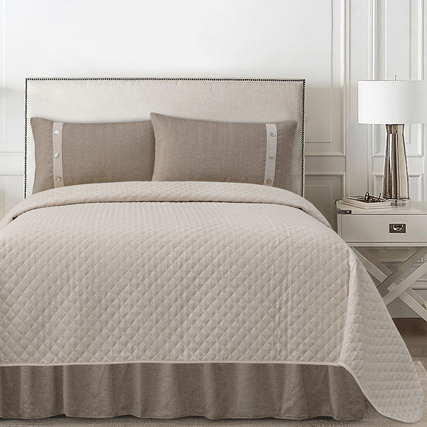 HiEnd Accents Fairfield Linen Coverlet Set FB3900-TW-SN Cream, Tan Coverlet: Face: 65% Polyester, 35% Linen. Back: 35% Cotton, 65% Polyester. Filling: 100% Polyester; BedSkirt: Skirt: 100% Polyester, Decking:100% Polyester; Standard Sham: 95% Polyester,5% Linen(1pc) 68x88x3