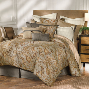 HiEnd Accents Piedmont Comforter Set FB3950-SK-OC Tan Comforter: Face: 100% Polyester .Backing: 100% Cotton; BedSkirt: Skirt: 100% Polyester, Decking: 100% Polyester; King Sham: Shell: 65% Cotton, 35% Polyester(2pc). 96x110x3