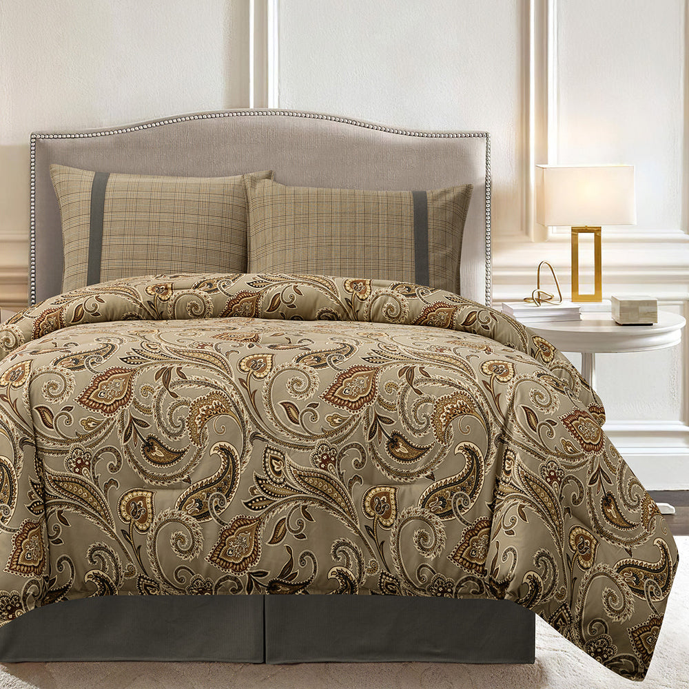 HiEnd Accents Piedmont Comforter Set FB3950-SK-OC Tan Comforter: Face: 100% Polyester .Backing: 100% Cotton; BedSkirt: Skirt: 100% Polyester, Decking: 100% Polyester; King Sham: Shell: 65% Cotton, 35% Polyester(2pc). 96x110x3