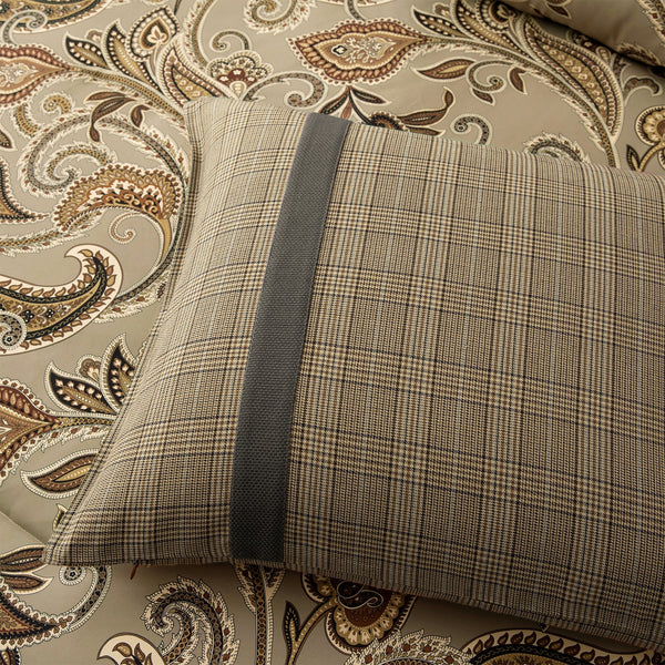 HiEnd Accents Piedmont Comforter Set FB3950-SQ-OC Tan Comforter: Face: 100% Polyester .Backing: 100% Cotton; BedSkirt: Skirt: 100% Polyester, Decking: 100% Polyester; Standard Sham: Shell: 65% Cotton, 35% Polyester(2pc). 96x92x3