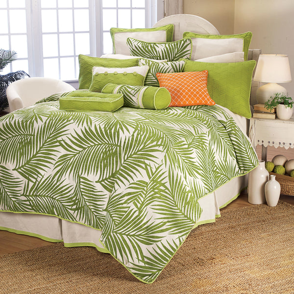 HiEnd Accents Capri Duvet Cover Set FB4100-SK-OC Green, White Duvet: Face: 100% Polyester, Back: 100% Cotton; Bed Skirt: Skirt: 55% Cotton, 45% Linen, Decking: 100% Polyester; King Sham(s): 40% Cotton, 40% Polyester, 20% Linen 110x96x0.5