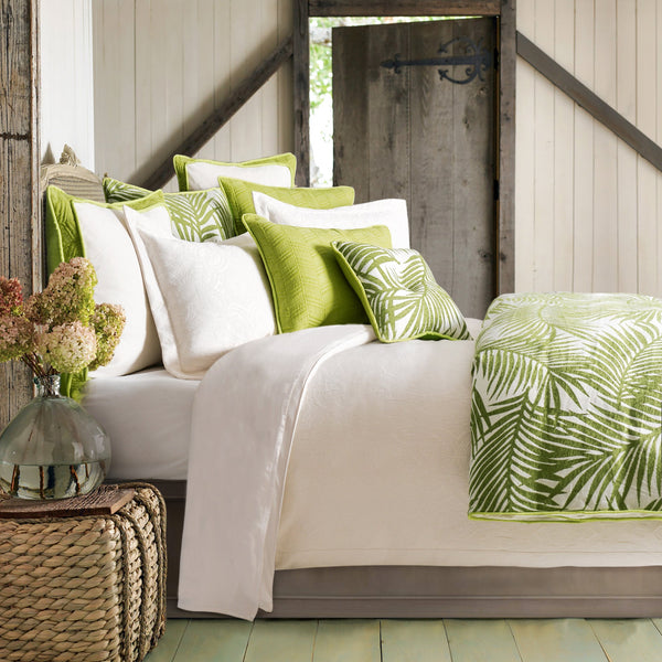 HiEnd Accents Capri Duvet Cover Set FB4100-SQ-OC Green, White Duvet: Face: 100% Polyester, Back: 100% Cotton; Bed Skirt: Skirt: 55% Cotton, 45% Linen, Decking: 100% Polyester; King Sham(s): 40% Cotton, 40% Polyester, 20% Linen 92x96x0.5