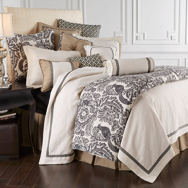 HiEnd Accents Liza White Matelassé Coverlet Set FB4162-SK-OC Cream, Tan, Black Coverlet - Face: 68% viscose, 32% polyester; Back: 100% cotton. Bed Skirt - Skirt: 100% polyester; Decking: 100% polyester. Pillow Sham: 68% viscose, 32% polyester. 110x96x3