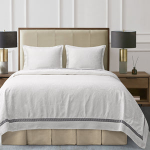 HiEnd Accents Liza White Matelassé Coverlet Set FB4162-SQ-OC Cream, Tan, Black Coverlet - Face: 68% viscose, 32% polyester; Back: 100% cotton. Bed Skirt - Skirt: 100% polyester; Decking: 100% polyester. Pillow Sham: 68% viscose, 32% polyester. 92x96x3