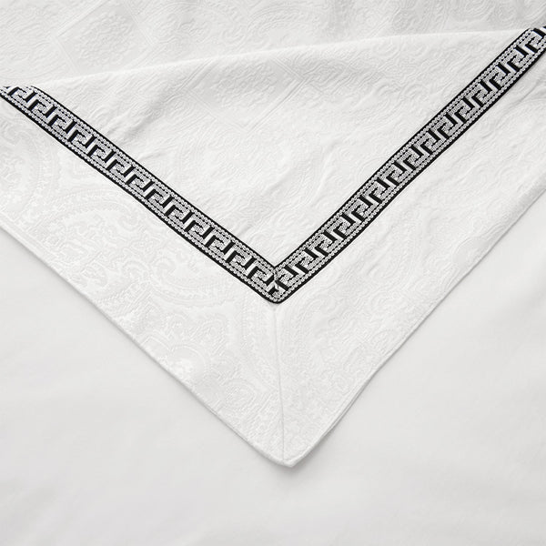 HiEnd Accents Liza White Matelassé Coverlet Set FB4162-SQ-OC Cream, Tan, Black Coverlet - Face: 68% viscose, 32% polyester; Back: 100% cotton. Bed Skirt - Skirt: 100% polyester; Decking: 100% polyester. Pillow Sham: 68% viscose, 32% polyester. 92x96x3