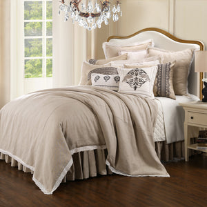 HiEnd Accents Charlotte Comforter Set FB4900-SK-OC Cream Comforter: Face: 40% Cotton, 60% Polyester. Back: 100% Cotton, Filling: 100% Polyester; Standard Sham: 40% Cotton,60% Polyester(2pc); BedSkirt: Skirt: 40% Cotton,60% Polyester. Decking:100%Polyester 110x90x3