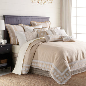 HiEnd Accents Newport Duvet Cover Set FB5400-SK-OC White, Cream Duvet Cover - Face: 100% linen, Back: 100% cotton. Bed Skirt - Skirt: 100% linen, Decking: 100% polyester. Pillow Sham: 60% polyester, 40% linen. 110x96x0.5