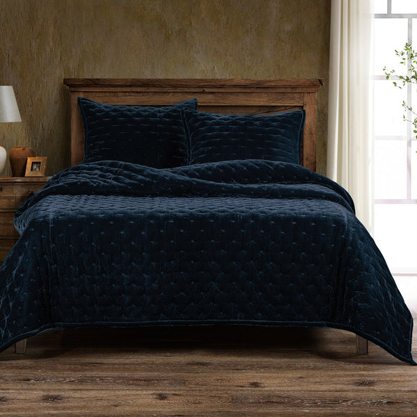 HiEnd Accents Stella Faux Silk Velvet Quilt FB6700-KG-MB Midnight Blue Face: 70% rayon, 30% nylon; Lining: 100% cotton 110x96x1