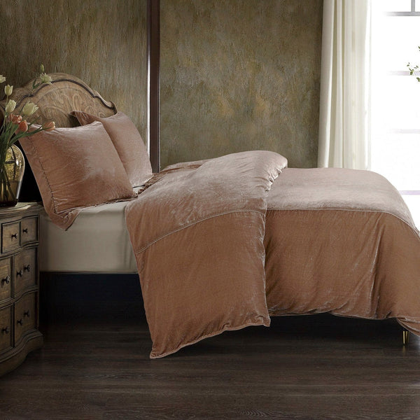 HiEnd Accents Stella Faux Silk Velvet Duvet Cover Set FB6800DS-SK-DR Dusty Rose Face: 70% rayon, 30% nylon; Back: 100% cotton; Lining: 100% polyester 110x96x0.5