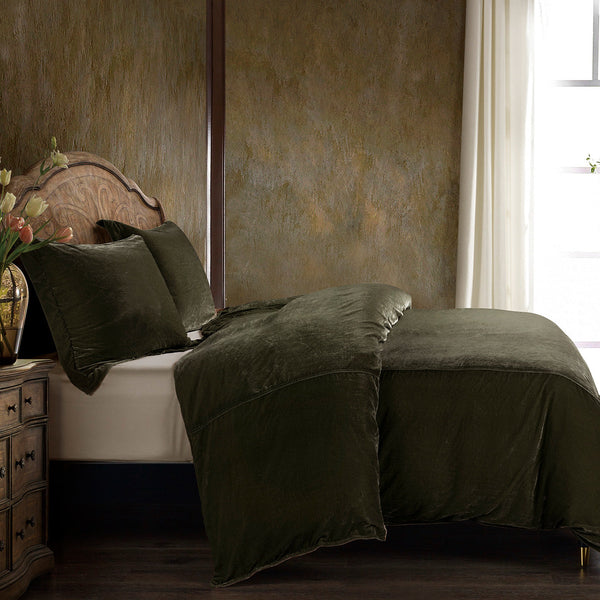HiEnd Accents Stella Faux Silk Velvet Duvet Cover Set FB6800DS-SK-FG Fern Green Face: 70% rayon, 30% nylon; Back: 100% cotton; Lining: 100% polyester 110.0 x 96.0 x 0.5