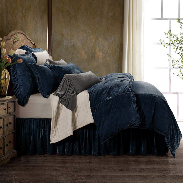 HiEnd Accents Stella Faux Silk Velvet Duvet Cover Set FB6800DS-SK-MB Midnight Blue Face: 70% rayon, 30% nylon; Back: 100% cotton; Lining: 100% polyester 110x96x0.5