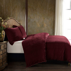 HiEnd Accents Stella Faux Silk Velvet Duvet Cover Set FB6800DS-SK-RD Garnet Red Face: 70% rayon, 30% nylon; Back: 100% cotton; Lining: 100% polyester 110x96x0.5