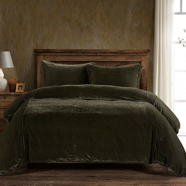 HiEnd Accents Stella Faux Silk Velvet Duvet Cover Set FB6800DS-SQ-FG Fern Green Face: 70% rayon, 30% nylon; Back: 100% cotton; Lining: 100% polyester 92.0 x 96.0 x 0.5