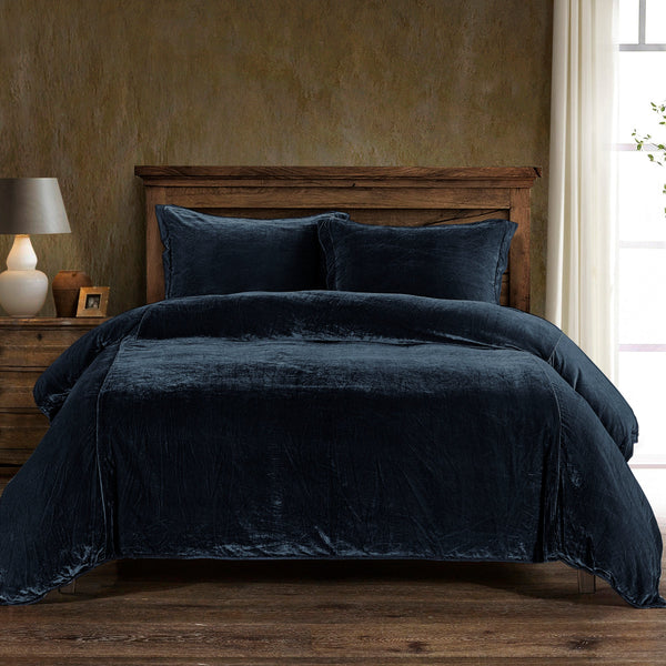 HiEnd Accents Stella Faux Silk Velvet Duvet Cover Set FB6800DS-SQ-MB Midnight Blue Face: 30% Nylon, 70% Rayon, Lining: 100% Polyester, Back: 100% Cotton 92x96x0.5