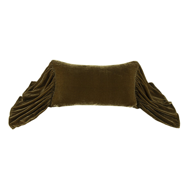 HiEnd Accents Stella Faux Silk Velvet Long Ruffled Pillow FB6800P7-OS-GO Green Ochre Shell: 70% rayon, 30% nylon; Fill: 100% waterfowl feathers 26x14x6