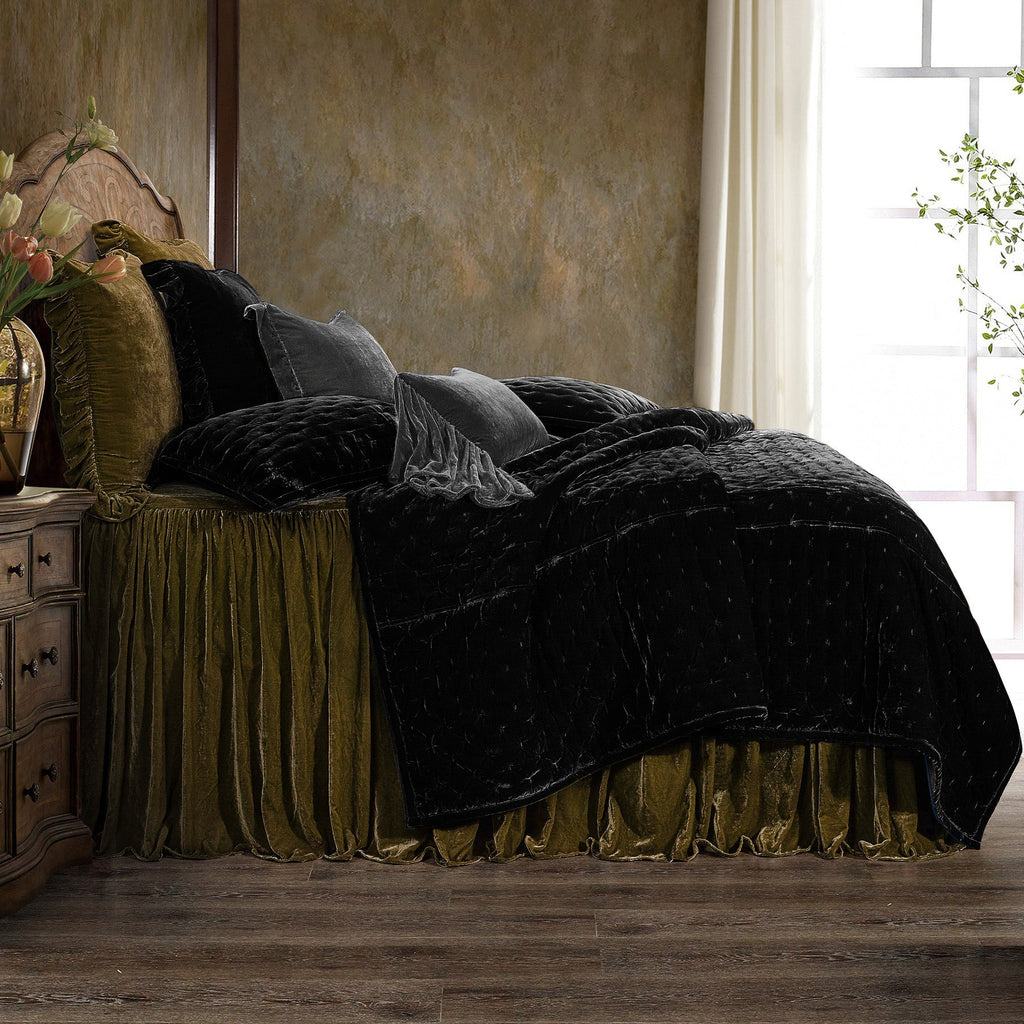 HiEnd Accents Stella Faux Silk Velvet Bedspread Set FB6900-KG-GO Green Ochre 70% rayon, 30% nylon 78x80+33
