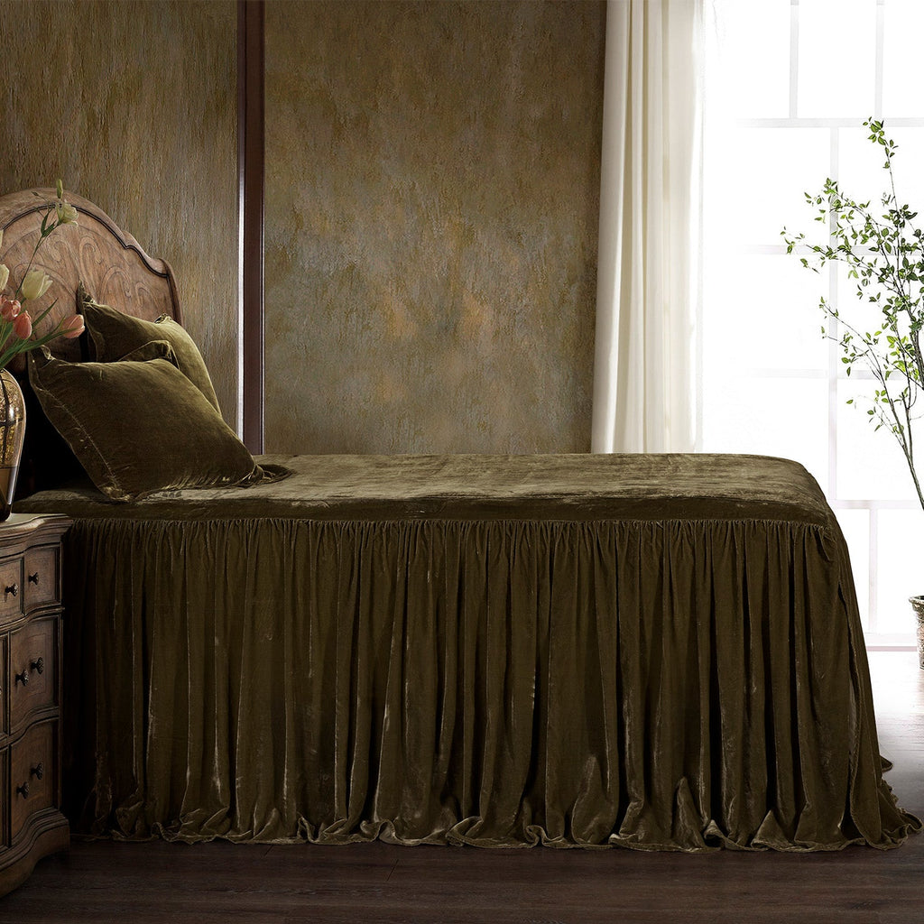 HiEnd Accents Stella Faux Silk Velvet Bedspread Set FB6900-KG-GO Green Ochre 70% rayon, 30% nylon 78x80+33