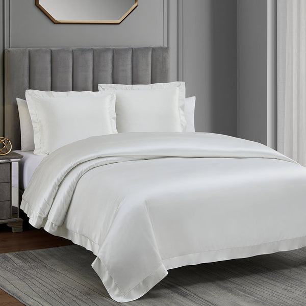 HiEnd Accents High Shine Satin Duvet Cover Set FB7136DS-SQ-WH White Duvet Cover - Face: 52% viscose, 48% polyester; Back: 100% cotton. Pillow Sham - Face and Back: 52% viscose, 48% polyester. 92x96