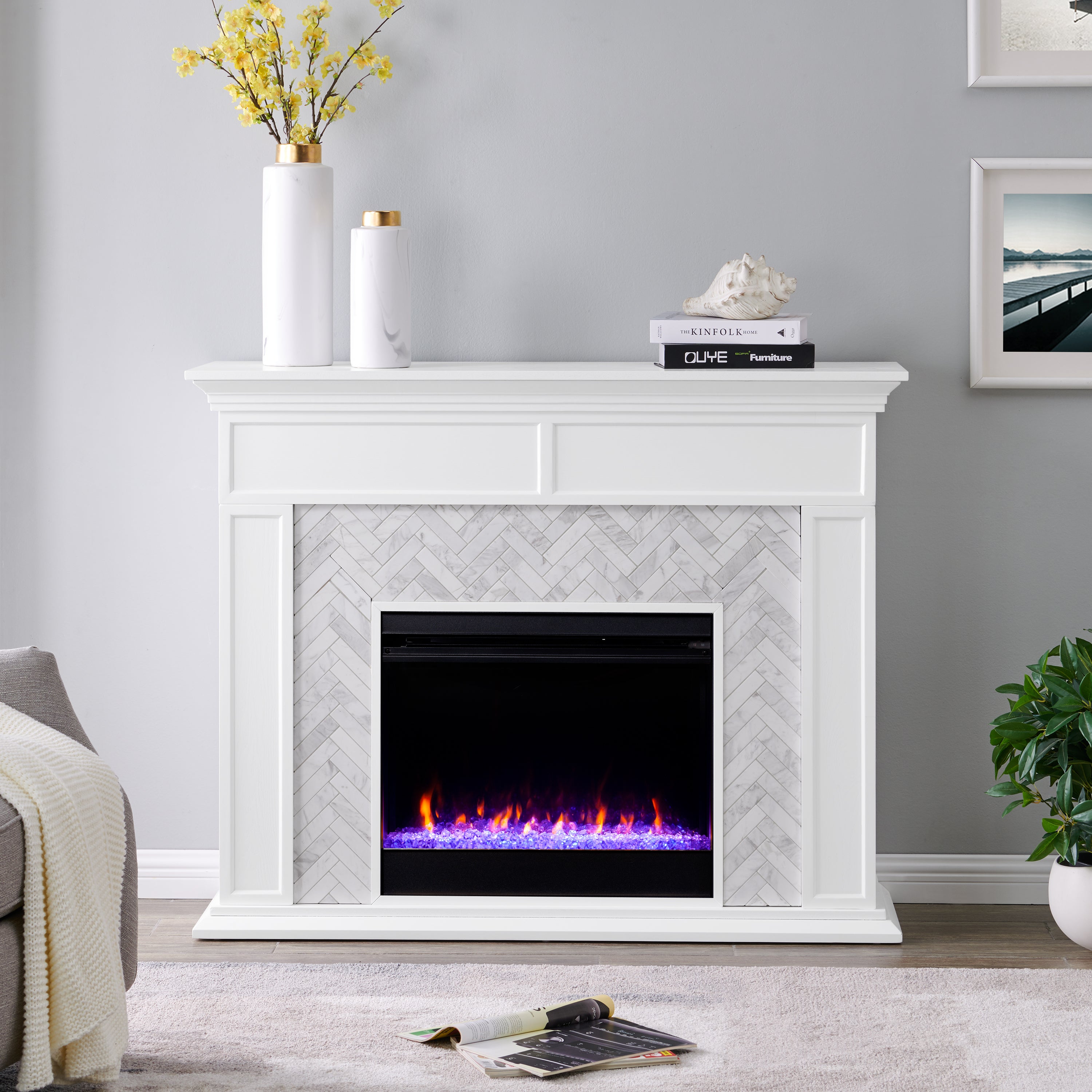 SEI Furniture Torlington Modern Color Changing Marble Fireplace