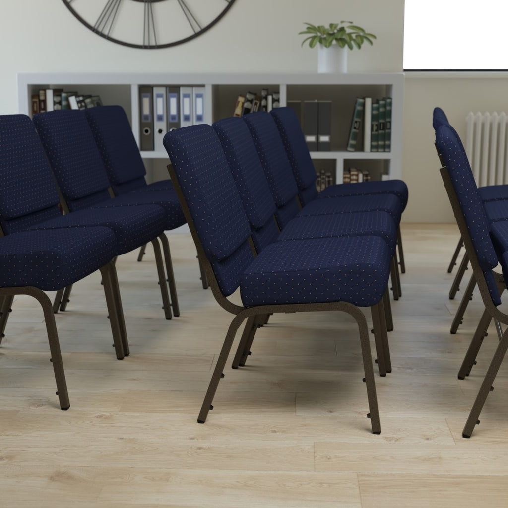 English Elm EE1825 Classic Commercial Grade 21" Church Chair Navy Blue Dot Patterned Fabric/Gold Vein Frame EEV-13803