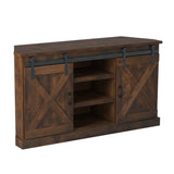 Modern Farmhouse Fully Assembled Corner TV Stand with Sliding Barn Style Doors