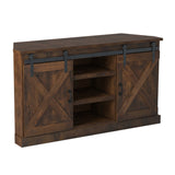 Modern Farmhouse Fully Assembled Corner TV Stand with Sliding Barn Style Doors