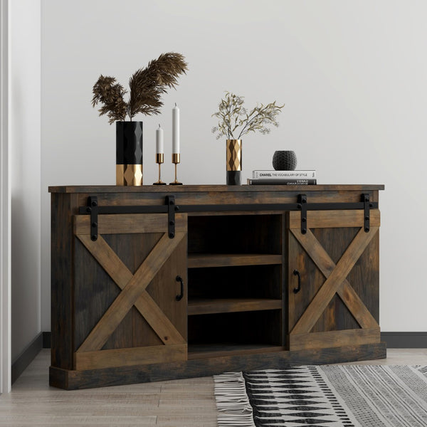 Legends Furniture Modern Farmhouse Fully Assembled Corner TV Stand with Sliding Barn Style Doors FH1422.BNW