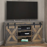 Legends Furniture Modern Farmhouse Fully Assembled Corner TV Stand with Sliding Barn Style Doors FH1422.BNW